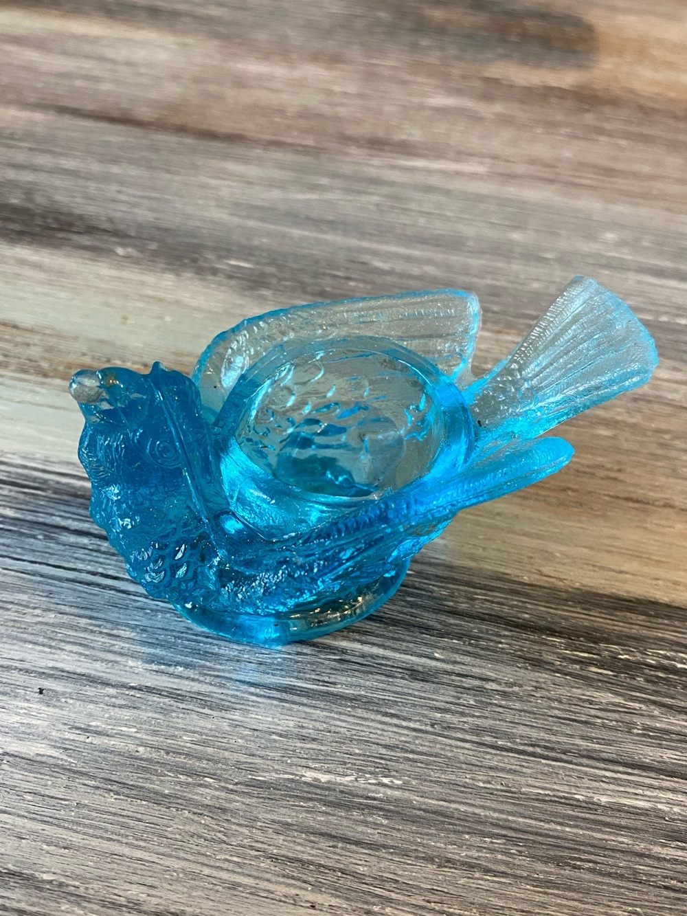 vintage blue glass bird with berry open salt cellar
